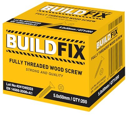 5x50mm Wood Screws Fully Threaded | PZ2 Countersunk Yellow Zinc | Timber Construction Screws | Trade Pack 200 | BuildFix