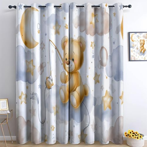 Kinderzimmer Gardinen Teddybär Motiv - Vorhänge Blickdicht für Jungen & Mädchen, Schalldämmend & Energiesparend, Thermo Sichtschutz Privatsphäre, Ösen, 2er Set, H 166 x B 75 cm