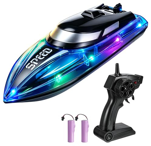 Lomffy Ferngesteuertes Boot mit LED-Licht, 2.4 GHz RC Boot für Kinder und Erwachsene RC Rennboot mit Wiederaufladbarer 1500MAH Akku Wasserdicht Kentersicher Rennboot Spielzeug Geschenk für Pool Seen