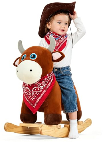 FUNLIO Caballo balancín Toro para 1-3 años, diseño Salvaje para bebé con Cabeza Suave y Ojos Brillantes, Caballo balancín de Peluche fácil de armar, Certificado CPC