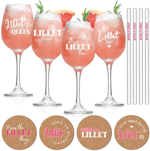 YYSWSAKY 4er Set Lillet Gläser Geschenkset - Premium Wildberry Lillet Gläser∣Lillet O’Clock Glasstrohhalme∣Korkuntersetzer, Ideal Geeignet für Lillet-Fan