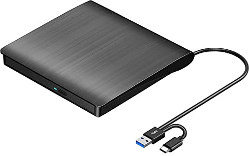 ROOFULL External CD/DVD Drive for Laptop, USB 3.0 & USB-C Portable CD/DVD-RW Player Reader Writer Burner, Optical Disc Drive for Windows 11/10 PC, Mac, MacBook & Linux Computer