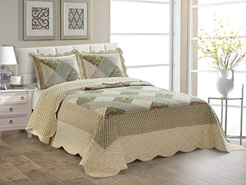 Better Home Style Catch G Tagesdecke / Tagesdecke, Patchwork-Design, mehrfarbig, Salbeigrün, rosa Blumen, Blumenmuster, luxuriös, weich, bedruckt, Übergröße