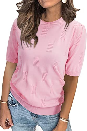 Arach&Cloz Kvinnors sommartoppar mode kortärmad tröjor rund hals lätt stickad uppklädd blus 2025, Rosa, S