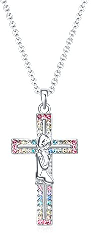 Dixbix Baptism Cross Necklace for Women,First Communion Cross Necklaces Jewelry Gifts for Women (Baptism Cross Rainbow)