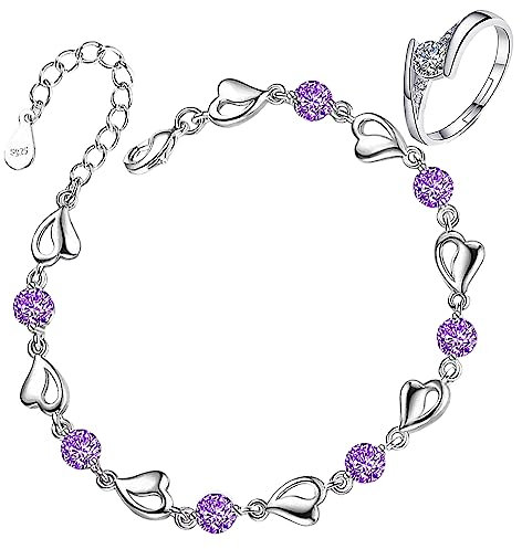 Armband Silber 925 Damen, Herz Armbänder Frauen Liebesherz Armband, Silberarmband Damen 925 Verstellbares mit 1 Ring für Armkette Damen Silber 925 für Frauen und Mädchen (violett)
