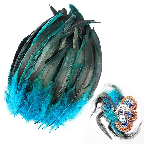 Ezydka 100 Stück Federn 20-25cm Hahnfedern, Federn Deko, Fasanenfeder, Federn zum Basteln, Naturfedern, Fasanenfedern, Bastelfedern, Federn Groß für Partymaskendekoration, Blauer