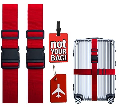 Juego de Correas de Equipaje, 2 Piezas de Correas de Equipaje + 2 Piezas de Etiquetas de Equipaje, Accesorios de Viaje para Equipaje (Rojo)