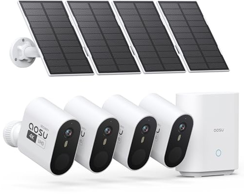 aosu 3K/5MP Security Cameras Outdoor Wireless Home Surveillance System, Solar Powered, 166° Ultra-Wide-Angle, HD Color Night Vision, Spotlight & Siren Alarm, Motion Alert, Easy Setup, 4-Cam-Kit