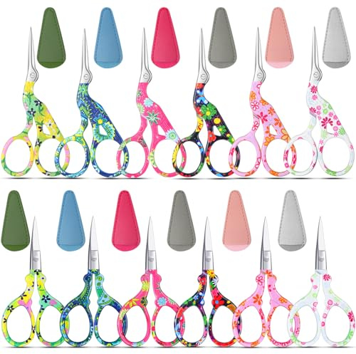 Therwen 12 Pcs 3.6 Inch Embroidery Scissors with Artificial Leather Cover Sewing Scissors Stainless Steel Vintage Craft for Crafting Threading DIY Needlework Art Manual Handicraft(Cute)