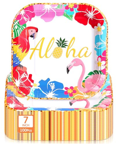 Mimorou 100 Pcs Hawaiian Luau Dessert Plates 7 Inch Square Beach Tropical Disposable Paper Plates Floral Luau Party Supplies for Summer Beach Holiday Dinner Party Decorations(Aloha)