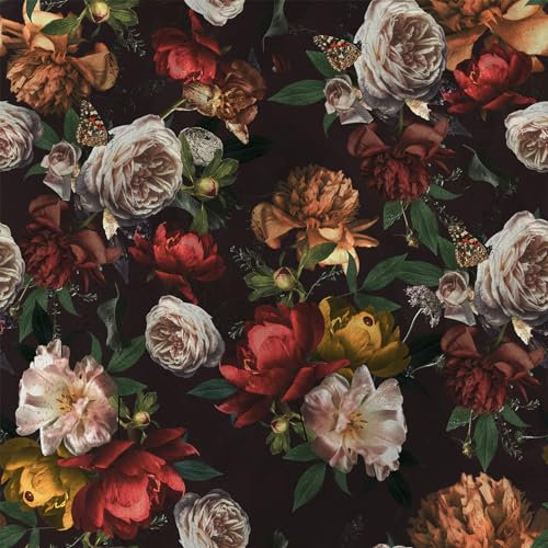 VEELIKE Moody Rose Peony Floral Wall Mural - Vintage Dark Bouquet Butterfly Flower Botanical Patterned Wallpaper for Bedroom Bathroom Nursery - Removable 44.5cm×300cm