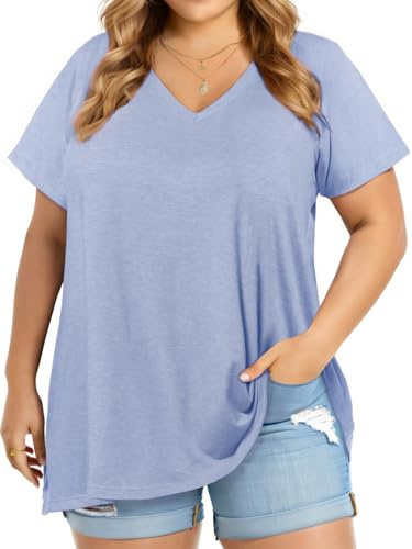 JOELLYUS Plus Size Tunic Tops for Women Basic V Neck T Shirts Loose Fit Tee Shirts Casual Tops(Sky Blue,6XL)