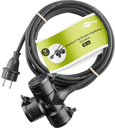 goobay 65439 Outdoor 3-Fach Verlängerungskabel/Stromkabel für den Außenbereich / 3 Schuko - Steckdosen mit Schutzklappen (IP44) / TÜV geprüftes Verteilerkabel / 3680 W bei 250 V (AC) und 16 A / 25m