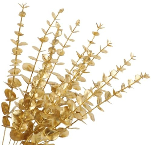 TOP-Pindu Artificial Eucalyptus Leaves, Eucalyptus Stem Plastic Artificial Plants 24 Bunches (Gold)