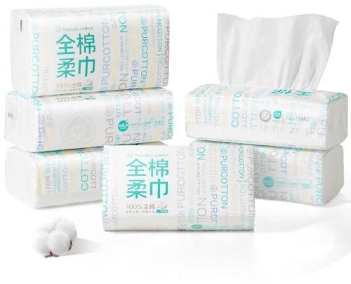 Purcotton Disposable Face Towel, 600-Count 100% Cotton Dry Wipes, Unscented & Biodegradable Cotton Tissue, Face Cloths for Makeup Removing, Skin Care, Traveling, 20x20 cm
