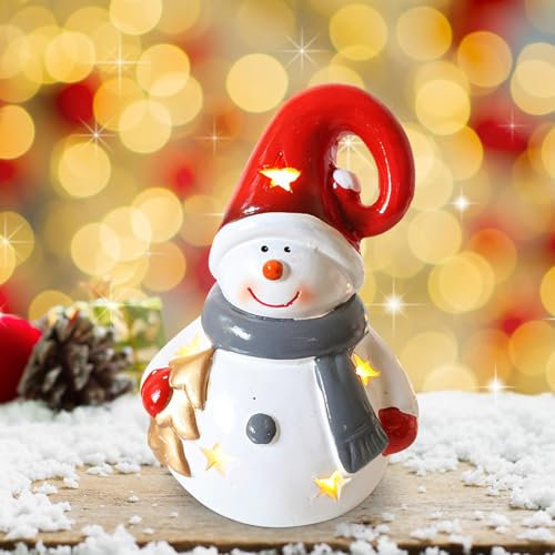 FZQBEY Weihnachtsdeko LED Schneemann Deko Figuren Teelichthaus Keramik, Lichthäuser Porzellan Lichterhaus Schneemann Deko Weihnachtsfiguren mit LED Licht, Lichthaus Weihnachtsdorf Teelichthalter (B)