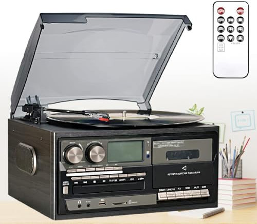 Bluetooth Vinyl Stereo Skivspelare, 3-Hastighets Stereo Skivspelare Cd-Spelare Musikkit, Am/Fm Radiokodad Cd-Bandspelare Med FjäRrkontroll,Black-110V