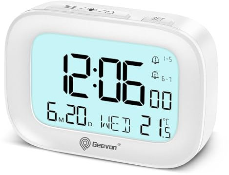 Geevon LCD-Digitalwecker, Batteriebetriebene Tischuhr, Temperaturanzeige, Snooze, Wochenendmodus, Wecker Sperrfunktion, Tragbarer Reisewecker, Mehrsprachige Anzeige (509 Weiß ohne Batterie)