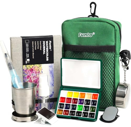 Funto Mini Watercolor Paint Set, Kit de peinture acrylique tout-en-un de voyage premium avec 24 couleurs, avec sac à bandoulière, carnet de croquis à l'aquarelle, idéal pour les amateurs d'art
