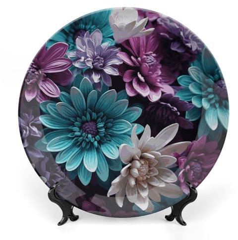 Grandes assiettes décoratives en porcelaine anglaise avec support de présentation pour cuisine, salle à manger, 20,3 cm - Motif fleurs violettes et bleu sarcelle