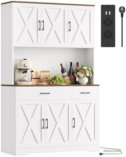 HOCSOK Küchenschrank 105x180 cm (BxH), Buffetschrank Weiß, Sideboard mit Steckdosen, Verstellbare Einlegeböden, Arbeitsplatten und 2 Schubladen, Vorratsschrank für Küche, Wohnzimmer, Esszimmer