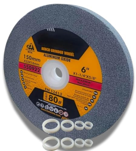 Disco Mola Abrasiva per Smerigliatrice da Banco 150x16 mm | Grana 80 | Set Professionale con 4 Anelli di Riduzione (32mm a 12.7mm) | Pietra Abrasiva per Metallo, Acciaio, Affilatura e Fai-da-Te