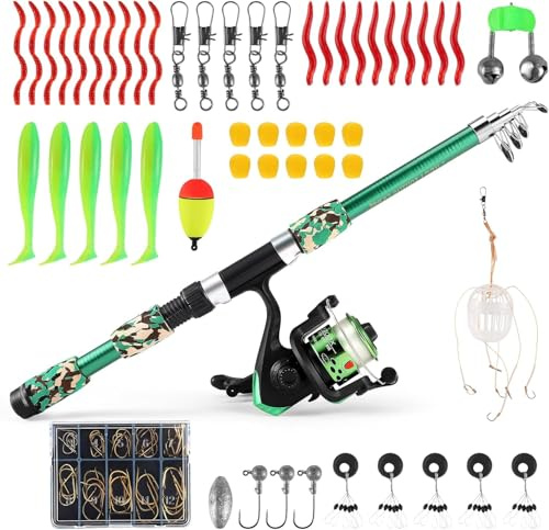 Eirolace Kit de pêche pour enfants - Canne à pêche télescopique et moulinet de 180 cm - Kit de démarrage - Avec moulinet et appâts - En fibre de carbone - Pour 3 à 10 ans