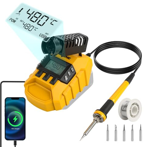 Batteridriven lödstation för DEWALT 18 V/20 V-batterier, 60 W lödset med digital display, 200–480 °C temperaturkontroll, snabbuppvärmning, 5 lödspetsar och USB/Type-C-laddningsutgång (endast enheten)