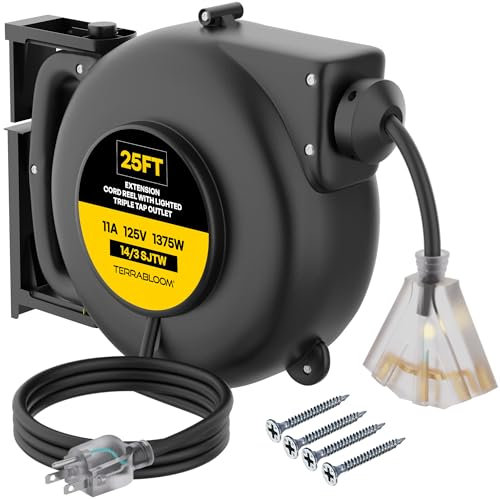 TerraBloom Retractable Extension Cord Reel - 25 FT 14/3 Cord - Triple Outlet - Wall Mounted - Black