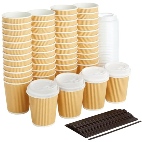 Juego de tazas de café desechables – papel kraft 8 onzas aislado Ripple tazas con tapas y Stirring Sip pajitas, compostable biodegradable tazas para bebidas calientes, color marrón natural