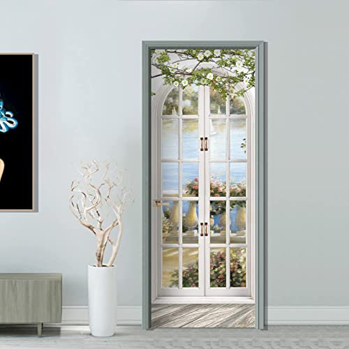 FLFK Adesivi per porte 3D Stacca e attacca 77x200cm(Set di 2 fogli) - Arco in stile europeo Paesaggio pastorale Carta da parati autoadesiva per pareti e porte poster per la camera da letto