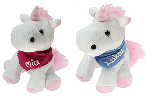 Kuscheltier Einhorn weiß/rosa 17,5cm mit Namen am Halstuch- Personalisiertes Kuscheltier - Personalisiertes Kindergeburtstagsgeschenk - Stofftier mit Wunschbeschriftung für Mädchen und Jungen