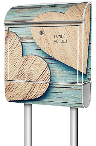 banjado® Briefkasten mit Standfuß personalisierbar Motiv Holz Herzen - Stand Briefkasten mit Zeitungsfach pulverbeschichtet aus Stahl weiß - Postkasten A4 Einwurf inkl. 2 Schlüssel