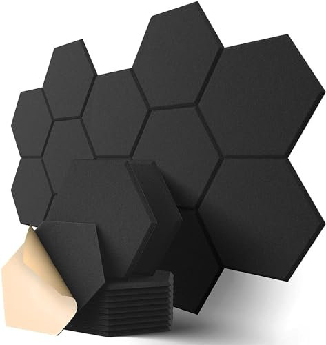Hexagon Akustikplatten Selbstklebend, 12 Stück Schallabsorber für Tonstudio, Wohnzimmer, Gaming Deko, Kinderzimmer, Buero, Wand, Decken, Türen Akustikpaneele Schwarz, 30 x 26 x 0,9cm