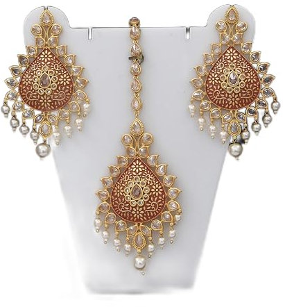 55Carat SPARTLING CHANDBALI Pendiente Conjunto con MAANG Tikka JOYERÍA Tradicional DE Perla Perla LADRADORA para Las Mujeres LADRES