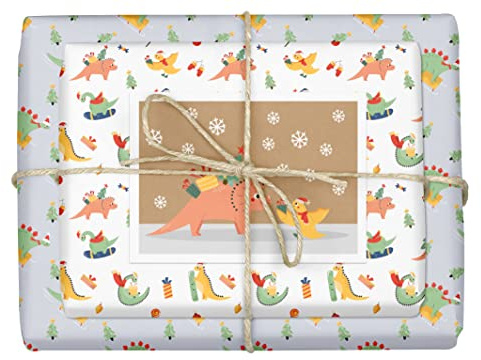 dabelino® Geschenkpapier Weihnachten Dinosaurier für Kinder, umweltfreundliches Set: 4x Bögen + 1 Karte (nachhaltig, Recyclingpapier)