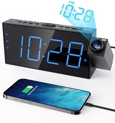 OnLyee Projection Alarm Clock for Bedroom, LED Digital on Ceiling Wall with USB Phone Charging, Battery Backup, 180° Rotatable Projector & Dimmer, 12/24H, DST, Snooze, Dual Loud Bedside Heavy Sleeper