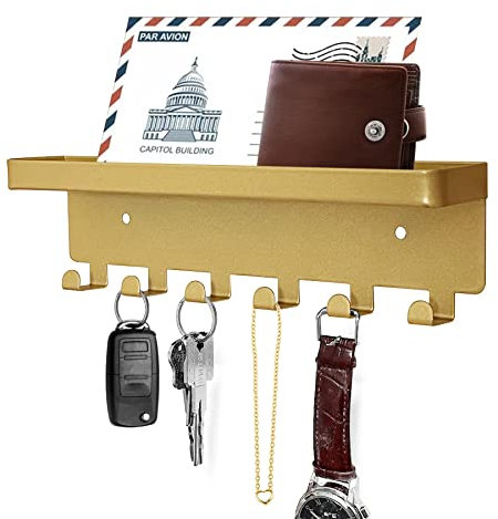 GTK Schlüsselhalter für Wand, Schlüsselhaken mit Ablage und 6 Haken, Wandmontierter Schlüsselhalter für Flur, Schlüsselbrett mit Regal für Postaufbewahrung (Gold)