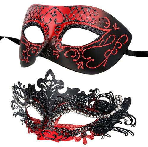 Venezianische Maske für Damen und Herren, Hoshin Maskenball Masken Fasching Kostüm für Ball Venedig Halloween(Rot & Schwarz)