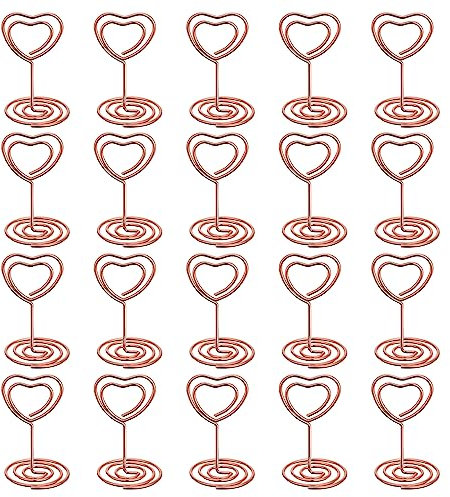 Segnaposto Porta Carte da Tavolo,20 Pcs Metallo Portacarte Segnaposto portanumero da tavolo Portanumero da Tavolo Memo Holder Clip, per Matrimonio, Festa, Ufficio, Ristorante, Scuola(cuore/Oro rosa)