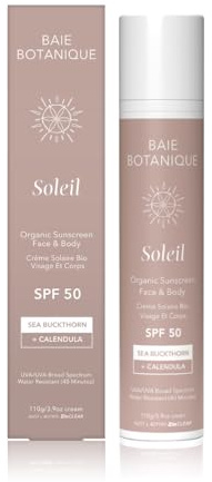 Baie Botanique Soleil Crema solar mineral bio no tóxica para el rostro, el cuerpo y los arrecifes SPF 50 Espino cerval de mar Caléndula Natural Vegana Sin residuos Sin filtros químicos UVA/UVB 110g