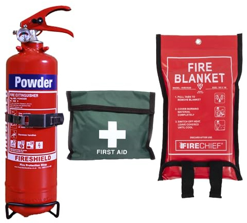 Work From Home Fire Safety Bundle (FireShield 1kg Powder, 1x1m Soft Case Blanket & 1 Person FAK Vinyl) - FireShield
