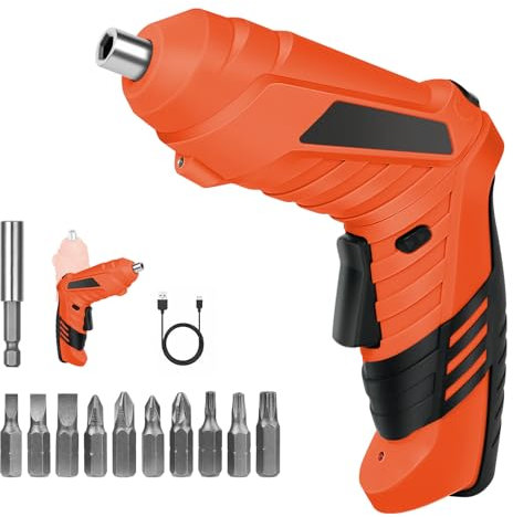 Flintronic Avvitatore Elettrico, 3.5 Nm Cacciavite Elettrico, Luce a LED come Torcia, Chiave a Cricchetto, Caricatore Cavo USB, 10 Accessori (1300mAh Li-ion 3.6V-Arancia)