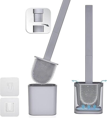 KWIK CLEAN Grey Single Deep Clean Silicone Toilet Brush & Quick Dry Anti-drip Holder, Flexible No scratch Bathroom Brush Long Non-Slip Handle for Easy Cleaning, Durable Toilet Brush Set With Holder