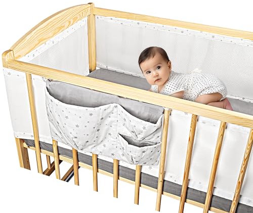 SweetComfort Babybettumrandung: Atmungsaktiv mit Aufbewahrungstasche - Passend für Babybetten 60x120 und 70x140 cm - Sternenweiß - Verstellbare Klettverschlüsse - für 3- bis 4-seitige Gitterbetten