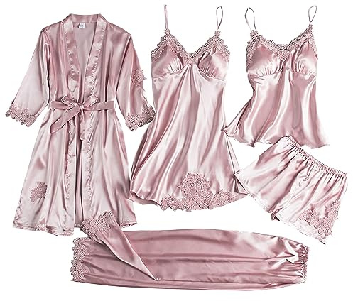 Pyjama Set Damen Kurz Satin, Sexy Morgenmantel Braut Bademäntel Lounge 5-Teiliges Hausmantel Kurze Hosen Deep-V Neck Mit Robe Home Suit Einfarbig Pajamas Set Sommer Damen Nachthemd Pyj