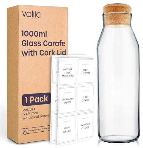 1L Water Carafe - 1 Pack Glass Carafe with Lid for Cold Drink, Milk, and Juice Jars - Versatile Glass Bottles for Detergent Storage