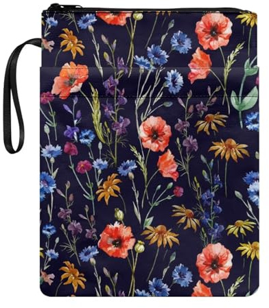 NETILGEN Buchhülle mit Reißverschluss und Fronttasche, Stifthalter, Geschenk für Buchliebhaber, waschbar, Stoff, NET-CZ25, Wildblumen-Blatt