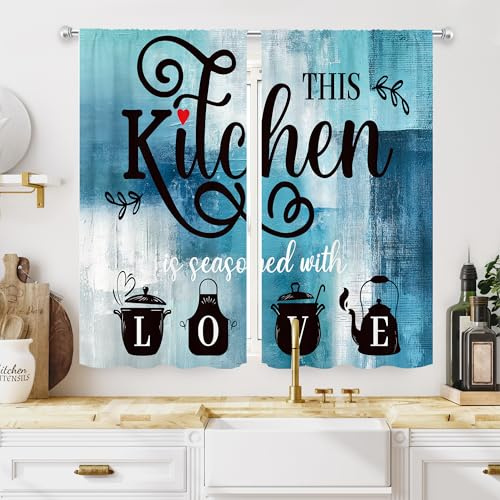 MESHELLY Teal Kitchen Curtains 27.5Wx39H Inch Rod Pocket Vintage Farmhouse Turquoise Grey Blue Abstract Bedroom Window Drapes Watercolor Quotes Printed Living Room Window Treatment Fabric 2 Panels